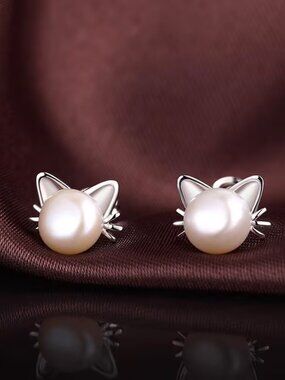 💲5⃣▶Pearl Cat Ear Stud Earrings - Silver Tone